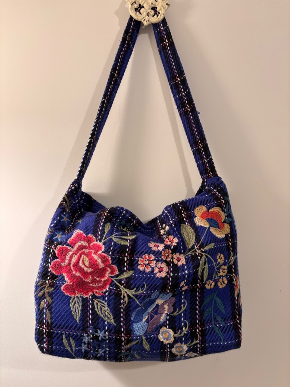 Johnny Was Mila Blue Plaid Embroidered Tote Bag - Picture 4 of 15
